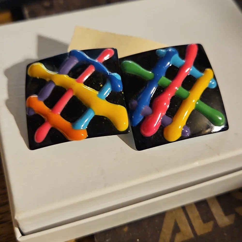 Vintage 80's Colorful Striped Square Pierced Earrings